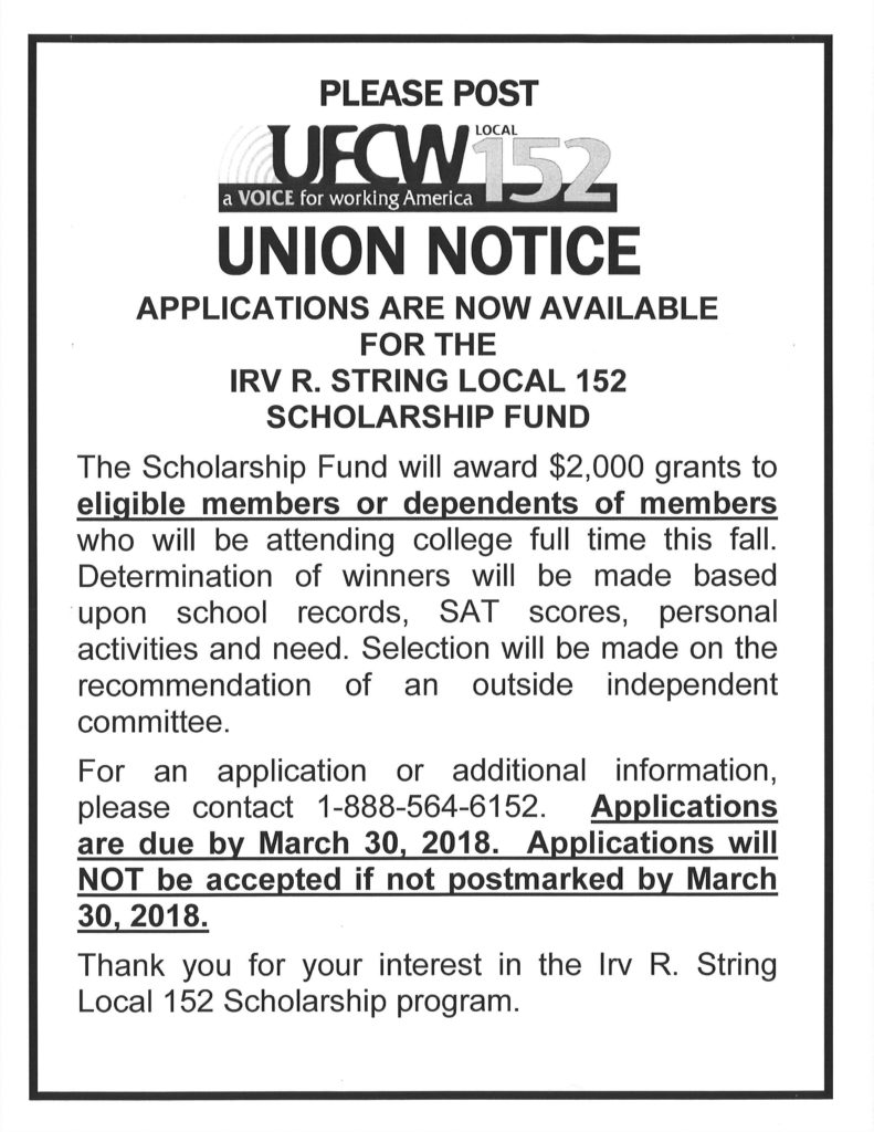 Irv R. String Scholarship Notice
