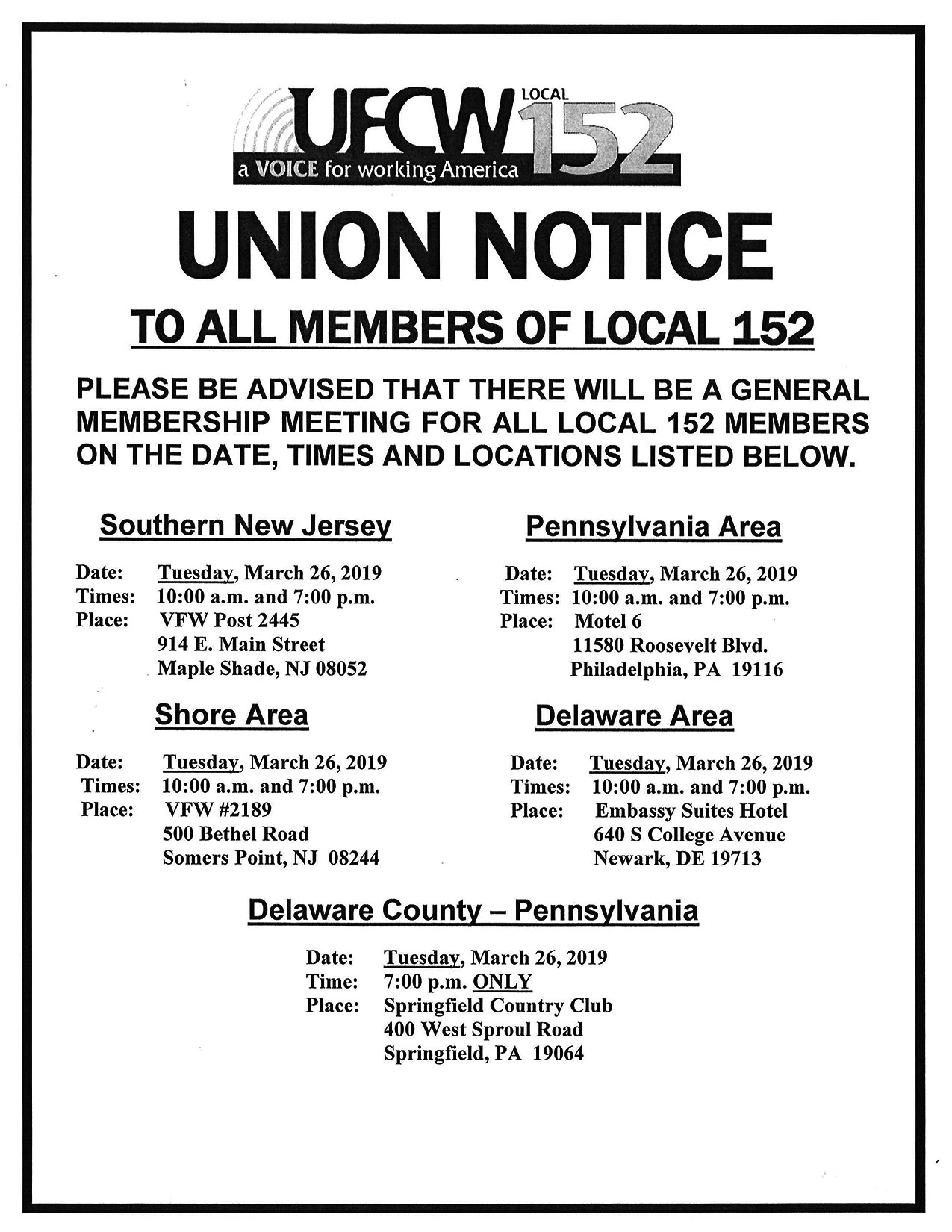 General Membership Meeting Notice for 3/26/2019