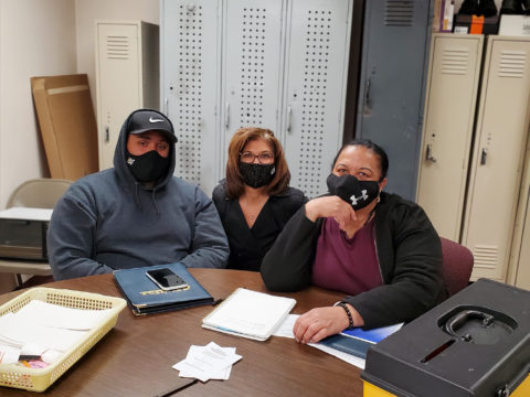 Part of the Negotiating Committee at Taylor Provisions 2021. From left to right: Committeeperson Christopher Cruz, Assistant Director of Collective Bargaining Lisa Sanders, and Shop Steward Sheila Dean.