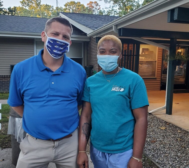 Union Representative Pete White with Shop Steward Latoya Clarke at the Eagleview Health and Rehabilitation ratification on 9/10/2021.