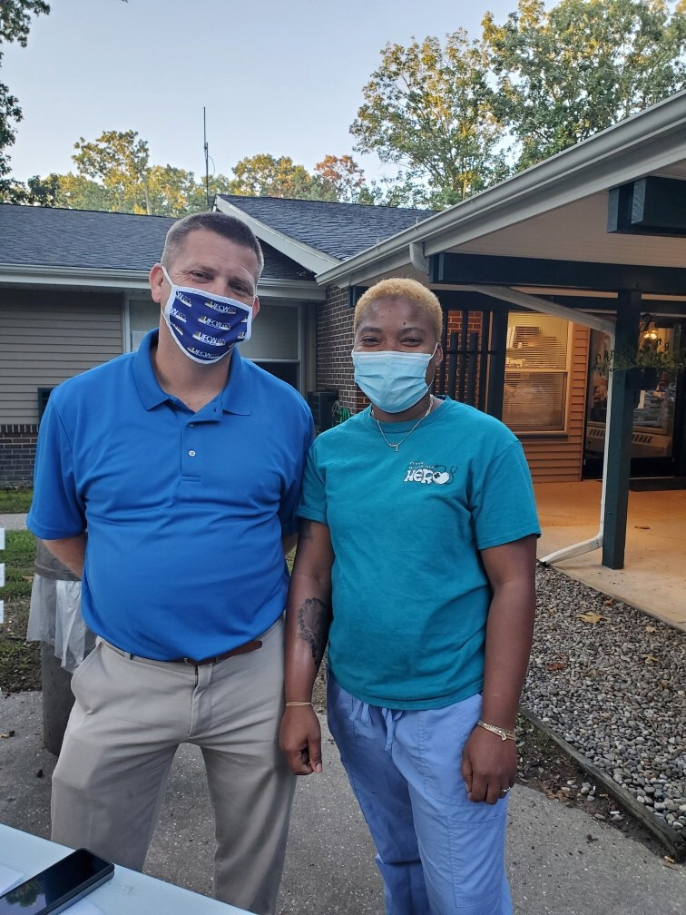 Union Representative Pete White with Shop Steward Latoya Clarke at the Eagleview Health and Rehabilitation ratification on 9/10/2021.