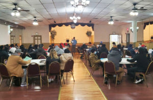 Members listening to Director of Collective Bargaining, Dan Ross, at the Dietz & Watson ratification meeting on 2/27/22.