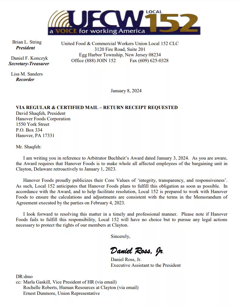 The letter sent to Hanover Foods on January 8, 2024.
