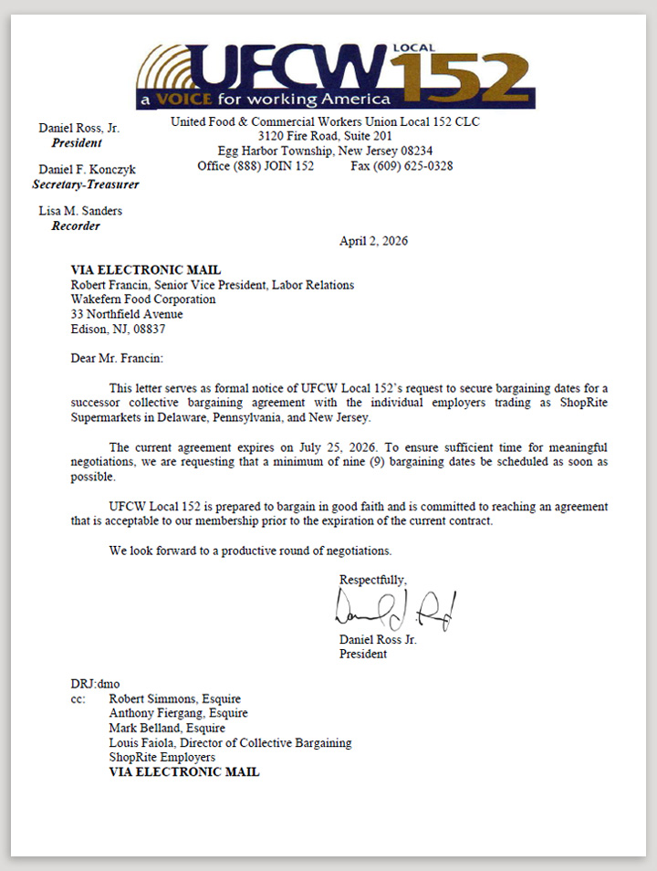 Letter to ShopRite formally requesting bargaining dates.